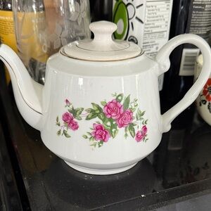 Vintage Floral White Teapot with Pink Roses